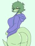 2024 anthro baryonyx big_butt bottomless bottomless_anthro bottomless_female breasts bubble_butt butt cavemanon_studios clothed clothing curvy_figure digital_drawing_(artwork) digital_media_(artwork) dinosaur female freckled_butt freckles green_body green_hair green_scales grey_eyes hair hi_res hoodie hoodie_only i_wani_hug_that_gator long_tail looking_at_viewer looking_back looking_back_at_viewer olivia_halford reptile scales scalie short_hair simple_background smile snout solo spinosaurid tail tama_shark theropod thick_thighs topwear topwear_only voluptuous wide_hips yellow_sclera