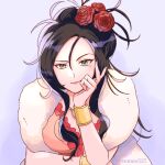  1girl artist_name black_hair bracelet breasts closed_mouth commentary_request deborah_(dq5) dragon_quest dragon_quest_v flower gold_bracelet gradient_background green_eyes hair_between_eyes hair_flower hair_ornament jewelry large_breasts long_hair mole mole_under_eye pink_lips purple_background red_flower red_rose rose simple_background smile solo tsunao527 twitter_username upper_body 