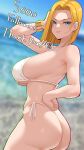  1girl absurdres android_18 ass bakumanbakuman0695 bangle bikini blonde_hair blue_eyes bracelet breasts dragon_ball dragon_ball_z earrings hand_on_own_head highres jewelry large_breasts looking_at_viewer looking_back medium_hair milestone_celebration side-tie_bikini_bottom solo swimsuit white_bikini 