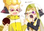  !? 1boy 1girl agent_3_(splatoon) agent_4_(splatoon) blonde_hair circle228dpi closed_mouth commentary_request cupcake eating eyelashes fang food green_hair headphones highres holding holding_food inkling inkling_boy inkling_girl inkling_player_character jacket long_hair one_eye_closed pink_eyes purple_eyes short_hair simple_background splatoon_(series) splatoon_1 splatoon_2 tentacle_hair thick_eyebrows translation_request white_background yellow_jacket 