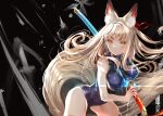  1girl animal_ears bare_arms bare_shoulders blonde_hair blue_leotard breasts closed_mouth commentary_request dark_background facial_mark fox_ears fox_girl fox_tail highres holding holding_sword holding_weapon katana kitsune large_breasts large_tail leotard long_hair looking_at_viewer original sheath shimofuri sleeveless_turtleneck_leotard solo sword tail thick_eyebrows thighs unsheathing v-shaped_eyebrows weapon yellow_eyes 