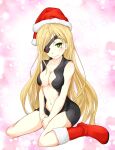  1girl bare_arms blonde_hair blush boots breasts christmas cleavage commentary_request eyepatch full_body fur-trimmed_boots fur-trimmed_headwear fur_trim green_eyes hat light_smile long_hair looking_at_viewer medium_breasts navel no_cape othinus pink_background red_footwear red_headwear santa_boots santa_hat shin_(highest1192) sitting smile solo starry_background stomach thighs toaru_majutsu_no_index toaru_majutsu_no_index:_new_testament very_long_hair wariza 