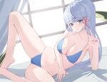  1girl bare_arms bare_legs barefoot bikini blue_bikini blue_eyes blunt_bangs breasts cleavage collarbone commentary_request curtains genshin_impact grey_hair hair_ornament highres kamisato_ayaka long_hair looking_at_viewer lying medium_breasts navel o-ring o-ring_bikini on_side parted_lips pharmarr sidelocks solo swimsuit window 