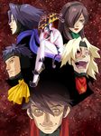  4boys akinari_kashihara blonde_hair blue_hair burn_scar eye_socket hair_over_one_eye hairband hasekura jester joker_(persona_2) king_leo lady_scorpio lipstick long_hair makeup masquerade_executives missing_eye multiple_boys multiple_girls nyarlathotep_(persona_2) open_mouth persona persona_2 prince_taurus purple_hair queen_aquarius red_eyes scar scarf short_hair smile yellow_eyes 