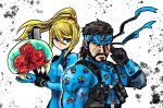  1boy 1girl 1other alien bandana blonde_hair blue_bandana blue_bodysuit blue_eyes bodysuit brown_hair facial_hair gun hair_between_eyes holding holding_gun holding_weapon kicdon metal_gear_(series) metroid metroid_(creature) mole mole_under_mouth ponytail samus_aran sneaking_suit solid_snake super_smash_bros. upper_body weapon zero_suit 