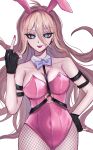  1girl animal_ears antenna_hair bare_shoulders black_gloves breasts collarbone danganronpa_(series) danganronpa_v3:_killing_harmony detached_collar fake_animal_ears fingerless_gloves fishnet_pantyhose fishnets gloves hair_between_eyes highres iruma_miu large_breasts leotard nail_polish o-ring pantyhose pink_nails playboy_bunny rabbit_ears shimotsuki_niko simple_background smile solo strapless strapless_leotard tongue tongue_out white_background 