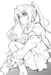  ankle_boots boots bracelet dress greyscale jewelry kashi lineart long_hair long_sleeves look-alike monochrome original simple_background sitting solo twintails very_long_hair white_background 