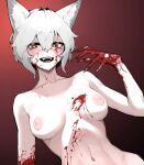  1641_(chfhrtor94) 1girl animal_ear_fluff animal_ears blood blood_on_face breasts commentary_request completely_nude fangs fingernails gradient_background grey_hair highres inubashiri_momiji korean_commentary long_fingernails looking_at_viewer medium_breasts medium_hair nipples nude red_eyes solo touhou upper_body wolf_ears wolf_girl 