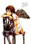  1girl abe_yoshitoshi absurdres angel angel_wings bare_arms barefoot brown_eyes brown_hair brown_sailor_collar chair feathered_wings feet grey_wings haibane_renmei halo head_rest highres messy_hair neckerchief non-web_source orange_sailor_collar rakka_(haibane) red_neckerchief sailor_collar scan shirt short_hair short_sleeves simple_background sitting soles solo toes translation_request white_shirt wings 