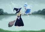  bad_id bad_pixiv_id barefoot blonde_hair blue_hair bow broom cirno dress hair_ribbon hat hat_ribbon holding_hands kirisame_marisa lake landscape multiple_girls natsume_(menthol) ribbon scenery touhou wading water wings witch_hat 