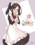  2girls @_@ apron black_dress black_hair blush chibi chibi_inset cowboy_shot dress fate/kaleid_liner_prisma_illya fate_(series) flying_sweatdrops hair_ornament hairclip highres illyasviel_von_einzbern long_sleeves magical_ruby maid maid_apron maid_headdress miyu_edelfelt multiple_girls neck_ribbon nose_blush open_mouth own_hands_clasped own_hands_together ponytail purple_background red_ribbon ribbon saihara sidelocks simple_background sleeve_cuffs sweat switch yellow_eyes 