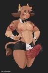 absurd_res ambiguous_fluids anthro black_tie_(suit) blush bodily_fluids bottomwear bovid bovine bow_(feature) bow_ribbon bow_tie brown_body brown_fur bulge bulge_frottage bullstar bullstarhaku clothing clothing_pull digital_media_(artwork) duo erection fur genital_fluids genitals hair hi_res horn hot_dogging humanoid_genitalia humanoid_penis lingerie male male/male mammal muscular_thighs musk nervous nervous_expression nervous_sweat nipples pecs penis penis_size_difference precum sex simple_background size_difference spots suit sweat sweaty_legs sweaty_thighs tail tattoo teasing thigh_sex throbbing throbbing_penis twunk underwear vein veiny_penis wet