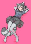  1girl :3 absurdres animal_ears arairestaurant black_bow black_bowtie black_gloves black_hair black_skirt blue_sweater blush bow bowtie brown_eyes common_raccoon_(kemono_friends) elbow_gloves extra_ears fur_collar gloves grey_fur grey_gloves grey_hair grey_pantyhose hair_between_eyes highres kemono_friends lying multicolored_hair no_shoes on_back pantyhose pink_background pleated_skirt puffy_short_sleeves puffy_sleeves raccoon_ears raccoon_girl raccoon_tail short_hair short_sleeves sidelocks skirt solo sweater tail 