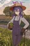  1girl alternate_costume blue_archive brown_gloves cloud cloudy_sky commentary cowboy_shot english_commentary farmer flower_pot gloves grass hair_between_eyes hair_ornament hairclip haruka_(blue_archive) hat highres holding holding_flower_pot light_smile long_sleeves looking_at_viewer medium_hair orange_sky outdoors overalls purple_eyes purple_hair purple_overalls shirt sky solo straw_hat tomatolover16 tree wavy_mouth white_shirt 