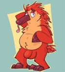 absurd_res anthro balls belly claws echidna flaccid fur genitals goronic hand_behind_head hi_res long_tongue male mammal monotreme penis quills_(anatomy) red_body red_fur short_tail smile solo standing tail tongue