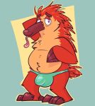 anthro belly bulge claws clothed clothing echidna fur goronic hand_behind_head hi_res long_tongue male mammal monotreme quills_(anatomy) red_body red_fur short_tail smile solo standing tail thong thong_only tongue topless underwear underwear_only