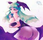  1girl animal_print ass bat_print black_leotard blunt_bangs breasts cowboy_shot fur-trimmed_leotard fur_trim green_hair head_wings heart heart-shaped_pupils highres large_breasts leotard long_hair looking_at_viewer morrigan_aensland pantyhose print_pantyhose purple_pantyhose skm_nnm solo strapless strapless_leotard symbol-shaped_pupils tongue tongue_out vampire_(game) wings 