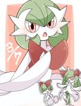  border colored_skin commentary_request dated evolutionary_line gardevoir gardevoir_day green_hair hair_over_one_eye highres kirlia one_eye_closed open_mouth outside_border pokemon pokemon_(creature) ralts red_background red_eyes standing suzu_(pixiv_32232702) white_border white_skin 