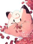  artist_name claws clefairy closed_mouth colored_skin commentary_request fang flower hanabusaoekaki highres no_humans pink_skin pokemon pokemon_(creature) red_flower simple_background sitting smile white_background 