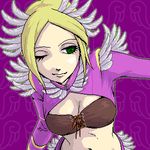  artist_request blonde_hair breasts cleavage ellen_(folkssoul) feathers folkssoul green_eyes lowres medium_breasts oekaki one_eye_closed smile solo 