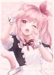  1other akiyama_mizuki alternate_costume animal_ear_fluff animal_ears animal_print apron artist_name bell black_dress blush border bow bowtie cat_ears cat_print cat_tail commentary_request dress english_text enmaided frilled_apron frills hair_ribbon hinata_mizuiro kemonomimi_mode looking_at_viewer maid neck_bell one_eye_closed open_mouth paw_pose paw_print pink_background pink_hair project_sekai red_bow red_bowtie red_ribbon ribbon side_ponytail sidelocks simple_background tail upper_body wavy_hair white_apron white_wrist_cuffs wrist_cuffs 