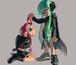  2girls agent_3_(splatoon) agent_8_(splatoon) aqua_eyes aqua_hair black_cape black_footwear black_jacket black_shorts black_skirt boots cape clenched_teeth closed_eyes closed_mouth commentary_request full_body grabbing_another&#039;s_hair grey_background headphones highres inkling inkling_girl inkling_player_character jacket jitian114514 long_hair medium_hair midriff multiple_girls octoling octoling_girl octoling_player_character parasite pencil_skirt red_hair shorts simple_background single_sleeve skirt sleeves_past_wrists splatoon_(series) splatoon_2 splatoon_2:_octo_expansion standing teeth tentacle_hair 