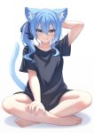  1girl absurdres animal_ears aoi_zerii arm_behind_head arms_up bare_legs barefoot black_shirt blue_hair blush bottomless cat_ears cat_girl cat_tail collarbone crossed_legs facing_viewer full_body hair_between_eyes highres hololive hoshimachi_suisei long_hair long_shirt looking_at_viewer oversized_clothes oversized_shirt shadow shirt solo star_(symbol) star_in_eye symbol_in_eye tail tongue tongue_out virtual_youtuber white_background 