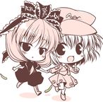  chibi cucumber front_ponytail futaba_miwa holding_hands kagiyama_hina kawashiro_nitori monochrome multiple_girls pink touhou two_side_up 