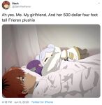  1boy 1girl 500_dollar_four_foot_tall_mareep_(meme) =_= bed commentary english_commentary english_text expressionless fake_screenshot fern_(sousou_no_frieren) frieren fullheartart highres lying meme on_back on_bed photo-referenced pillow profile purple_hair red_hair short_hair stark_(sousou_no_frieren) stuffed_toy twitter under_covers 