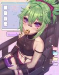  1girl absurdres black_thighhighs blush breasts chair controller cookie crop_top food food_in_mouth game_controller genshin_impact green_hair hair_ornament hairclip heart_pendant highres kuki_shinobu long_hair looking_at_viewer medium_breasts midriff navel ponytail purple_eyes short_shorts shorts sitting solo su_niii thighhighs 