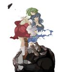  bad_id bad_pixiv_id blue_hair boots brown_eyes dress green_hair hat highres hinanawi_tenshi kazami_yuuka morufin multiple_girls plaid plaid_skirt plaid_vest red_eyes short_hair skirt skirt_set standing standing_on_one_leg tears torn_clothes touhou vest white_background 