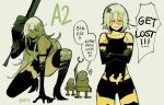 1girl 2boys 4th_chaos_emerald a2_(nier:automata) anger_vein angry black_gloves black_shirt black_shorts black_thighhighs character_name character_request elbow_gloves english_text gloves grey_hair highres holding holding_sword holding_weapon multiple_boys multiple_views nier:automata nier_(series) robot shirt shorts sketch speech_bubble sword thighhighs weapon white_background 