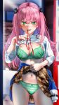  1girl aikawa_megumi bra breasts cleavage commentary_request green_bra green_eyes green_panties heaven_burns_red highres large_breasts lifted_by_self long_hair looking_at_viewer noir_(nowaru) panties pink_hair signature solo two_side_up underwear 
