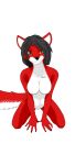 absurd_res alfa_wolf10! anthro black_hair breasts canid canine canis chest_tattoo female flare_(alfa_wolf10!) fur green_eyes hair hi_res looking_at_viewer mammal multicolored_body pose red_body red_fur red_wolf simple_background solo tattoo two_tone_body white_background white_body white_fur wolf
