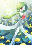  :d absurdres colored_skin commentary_request falling_leaves gardevoir gardevoir_day green_hair highres kagure_(karaguren) leaf open_mouth pokemon pokemon_(creature) red_eyes smile standing white_skin 