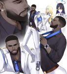  1boy 2girls absurdres ayumu_(blue_archive) beard black_eyes black_hair black_shirt blue_archive blue_hair blue_necktie breasts closed_eyes dark-skinned_male dark_skin dress ear_piercing english_commentary facial_hair fade_(haircut) forehead_jewel halo hand_in_pocket highres jacket large_breasts long_legs male_focus multiple_girls multiple_views necktie open_clothes open_jacket pants parted_lips piercing pointy_ears rin_(blue_archive) sensei_(blue_archive) shirt shoes simple_background sneakers sstthei watch white_background white_dress white_jacket white_pants wristwatch 