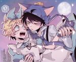  !? 2boys alice_(alice_in_wonderland) alice_(alice_in_wonderland)_(cosplay) alice_in_wonderland animal_ears animal_hat apron bow_hairband cat_ears cat_hat chullo collared_dress collared_shirt commentary cosplay craig_tucker crossdressing dress fake_animal_ears full_moon green_eyes hairband halloween_(owo) hat holding_hands long_sleeves looking_at_another male_focus messy_hair moon multiple_boys nail_polish necktie open_mouth puffy_short_sleeves puffy_sleeves shirt short_hair short_sleeves slit_pupils south_park sweat tweek_tweak wrist_cuffs yaoi 