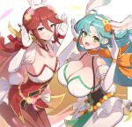  2girls :d absurdres ahoge animal_ears aqua_hair bare_shoulders blush braid breasts chloe_(fire_emblem) chloe_(spring)_(fire_emblem) choker cleavage collarbone commentary_request cordelia_(fire_emblem) cordelia_(spring)_(fire_emblem) cowboy_shot detached_sleeves elbow_gloves fake_animal_ears fake_tail fire_emblem fire_emblem_awakening fire_emblem_engage fire_emblem_heroes flower foot_out_of_frame gloves gonzarez green_eyes green_footwear hair_flower hair_ornament hands_up high_heels highres jewelry large_breasts leotard long_hair looking_at_viewer medium_breasts multiple_girls necklace official_alternate_costume open_mouth orange_choker pantyhose playboy_bunny puffy_short_sleeves puffy_sleeves rabbit_ears rabbit_tail red_eyes red_leotard red_pantyhose scarf short_sleeves simple_background smile strapless strapless_leotard suspenders tail thighs very_long_hair white_background white_gloves white_pantyhose wrist_cuffs yellow_scarf 