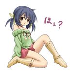  bare_shoulders blue_hair brown_eyes clannad green_shirt long_hair muguru shirt socks solo sunohara_mei sweater translated twintails 