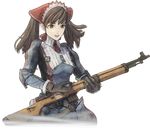  alicia_melchiott brown_hair gloves gun hat honjou_raita long_hair military military_uniform necktie official_art rifle senjou_no_valkyria senjou_no_valkyria_1 solo turtleneck twintails uniform weapon 