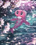  animal_focus artist_name cherry_blossoms colored_skin commentary_request fish forked_tail highres kaminokefusa no_humans partially_submerged pink_skin pokemon pokemon_(creature) sunlight tail tatsugiri tatsugiri_(droopy) twitter_username water 