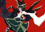  black_hair black_wings brooch gem green_skirt jewelry looking_at_viewer puffy_short_sleeves puffy_sleeves red_background reiuji_utsuho short_hair short_sleeves simple_background skirt solo takanashi_akihito third_eye touhou wings 