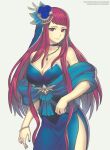  1girl alternate_costume bare_shoulders blue_choker blue_dress blue_flower blue_nails blue_rose breasts choker cleavage commentary cowboy_shot dress fire_emblem fire_emblem_engage flower gofelem hair_flower hair_ornament ivy_(fire_emblem) jewelry large_breasts long_hair looking_at_viewer nail_polish pendant purple_eyes purple_hair rose shawl side_slit solo standing strapless strapless_dress very_long_hair 