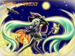  aqua_eyes aqua_hair bat candy candy_cane cape detached_sleeves eye_beam food full_moon ghost halloween hat hatsune_miku highres holding holding_candy_cane holding_pumpkin jack-o'-lantern long_hair maya_(tora-jimmy) moon night night_sky pumpkin skirt sky solo thighhighs trick_or_treat twintails very_long_hair vocaloid witch_hat zettai_ryouiki 