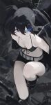  1girl absurdres belt bikini bikini_top_only black_bikini black_hair black_rock_shooter black_rock_shooter_(character) black_shorts blue_eyes breasts flaming_eye highres kji_(rozo) knee_up long_hair looking_at_viewer short_shorts shorts small_breasts solo swimsuit twintails 