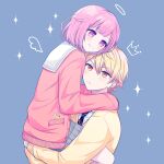  1boy 1girl blonde_hair carrying closed_mouth crown grey_skirt hair_between_eyes halo highres jacket long_sleeves necktie ootori_emu orange_eyes pink_eyes pink_hair pink_jacket pnyo_emc project_sekai short_hair skirt smile sweater tenma_tsukasa yellow_sweater 