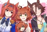  3girls animal_ears aston_machan_(umamusume) black_jacket blue_jacket bow bowtie breasts brown_hair center_frills character_doll commentary_request crown daiwa_scarlet_(umamusume) dated doll english_text epaulettes flower frills green_eyes grey_eyes hair_bow hair_intakes hair_ornament hair_scrunchie holding holding_doll horse_ears jacket jewelry kishino long_hair long_sleeves looking_at_viewer medium_breasts mini_crown multiple_girls open_mouth pendant petals ponytail red_shirt scrunchie shirt short_hair small_breasts smile stopwatch tiara twintails twitter_username umamusume upper_body vodka_(umamusume) white_shirt 