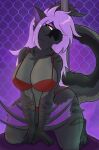 absurd_res anthro capcom clothing female flying_wyvern full-length_portrait fuzzylynx hair hi_res lingerie monster_hunter nargacuga pink_hair pinup portrait pose purple_background simple_background solo tail yellow_eyes