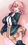  1girl black_jacket black_thighhighs blush brown_hair brown_skirt chanpotei cowboy_shot danganronpa_(series) danganronpa_2:_goodbye_despair dress_shirt flipped_hair highres jacket long_sleeves miniskirt multicolored_background nanami_chiaki open_clothes open_jacket pink_eyes pleated_skirt shirt shirt_tucked_in skirt solo spaceship_hair_ornament tetris thighhighs white_jacket zettai_ryouiki 