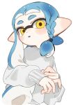  1girl blue_hair braid commentary_request highres inkling inkling_girl inkling_player_character long_hair looking_at_viewer open_mouth pointy_ears sahata_saba simple_background single_braid sleeves_past_wrists solo splatoon_(series) sweater tentacle_hair thick_eyebrows white_background white_sweater yellow_eyes 